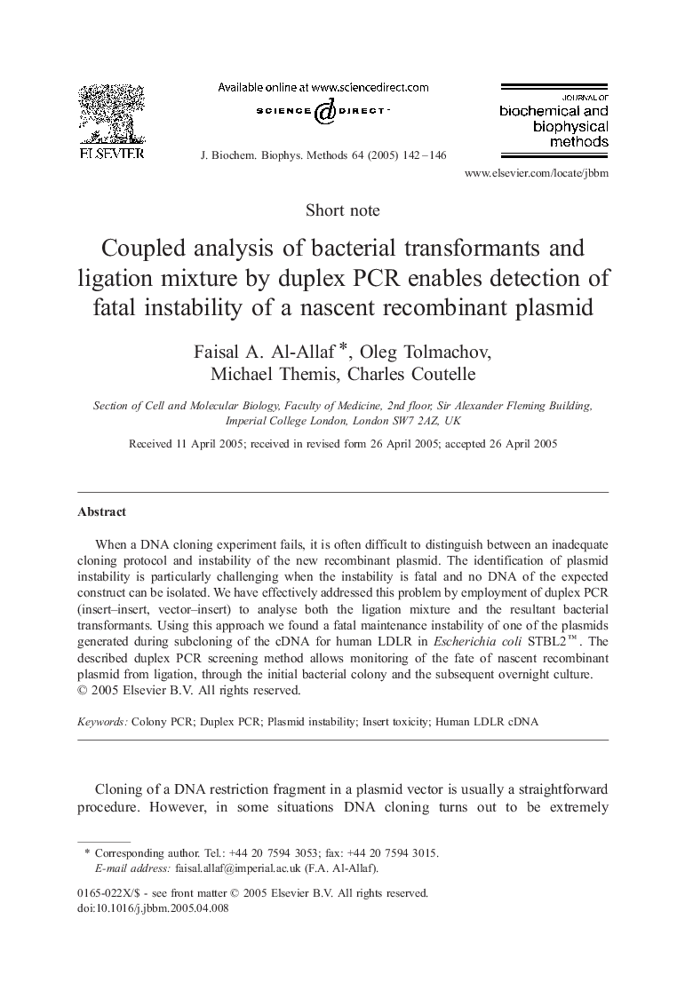 Coupled analysis of bacterial transformants and ligation mixture by duplex PCR enables detection of fatal instability of a nascent recombinant plasmid