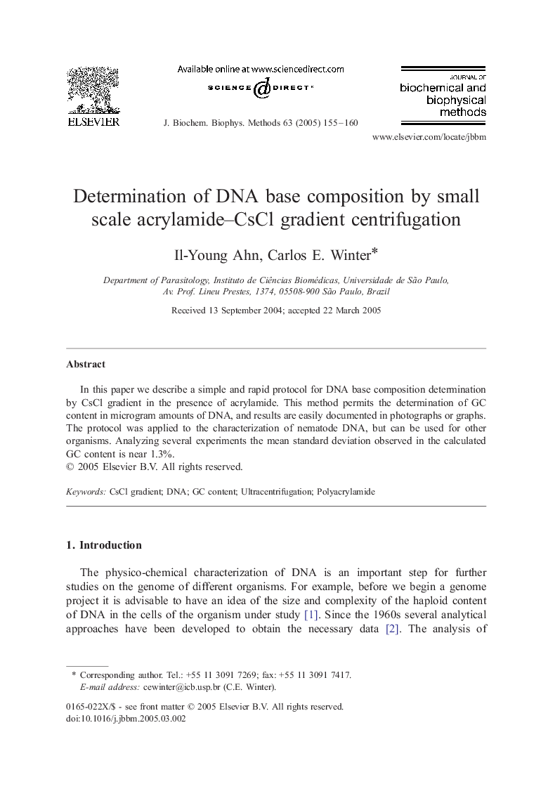 Determination of DNA base composition by small scale acrylamide-CsCl gradient centrifugation