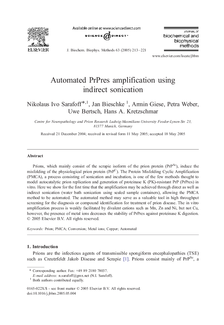 Automated PrPres amplification using indirect sonication