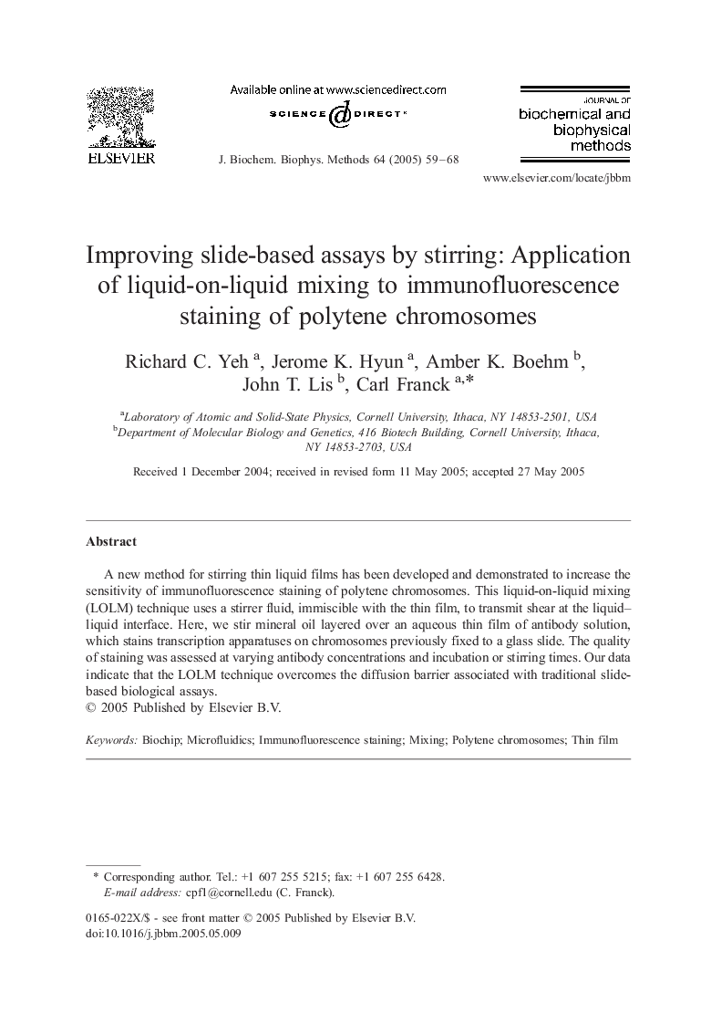 Improving slide-based assays by stirring: Application of liquid-on-liquid mixing to immunofluorescence staining of polytene chromosomes