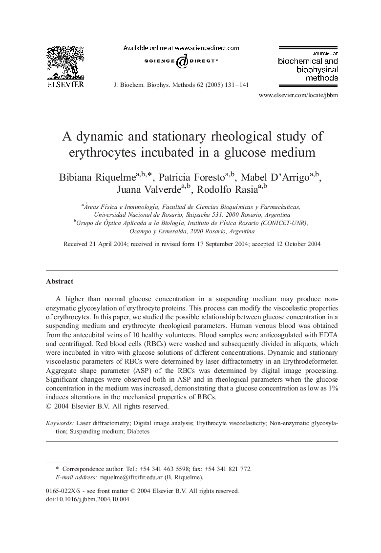 A dynamic and stationary rheological study of erythrocytes incubated in a glucose medium