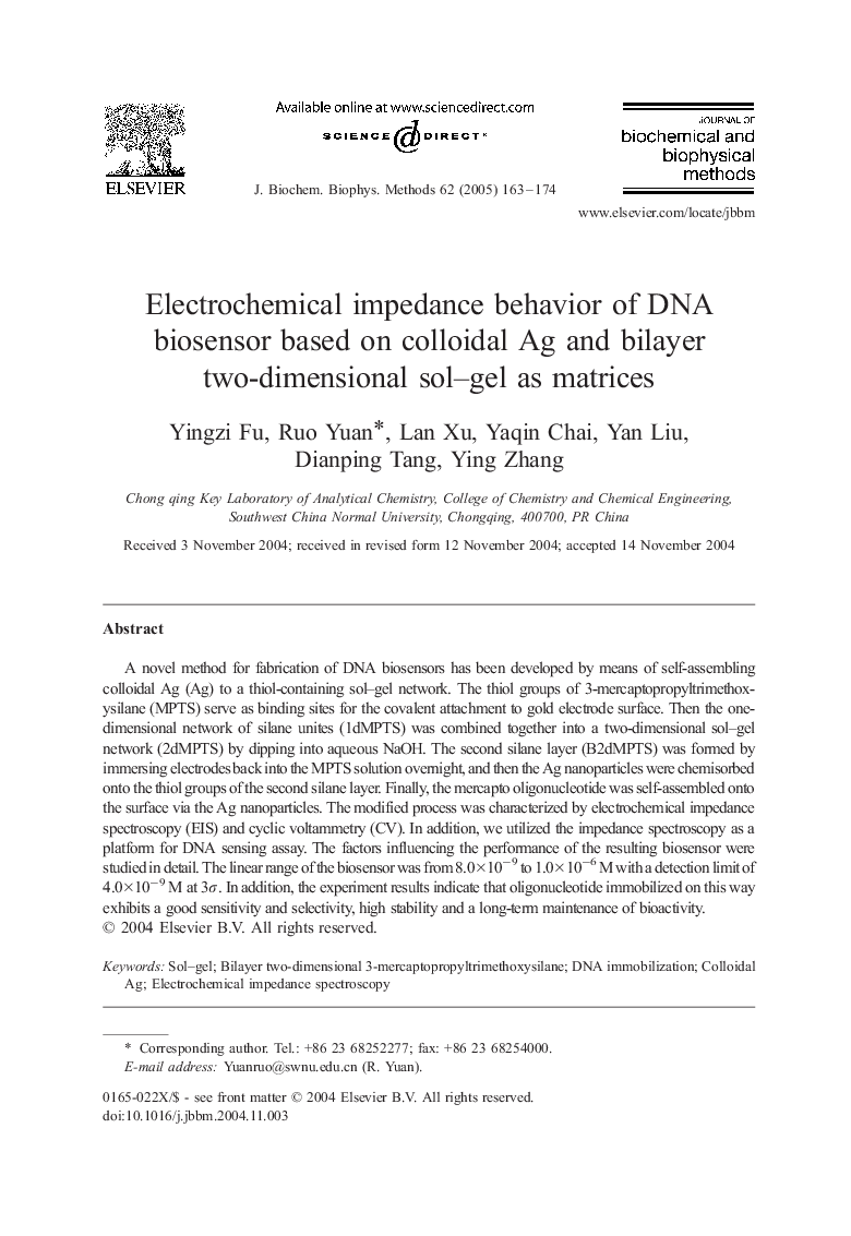 Electrochemical impedance behavior of DNA biosensor based on colloidal Ag and bilayer two-dimensional sol-gel as matrices