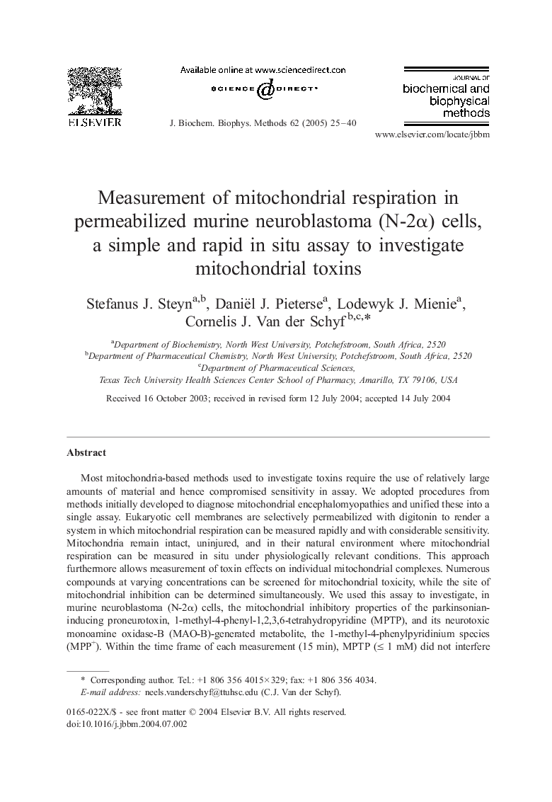 Measurement of mitochondrial respiration in permeabilized murine neuroblastoma (N-2Î±) cells, a simple and rapid in situ assay to investigate mitochondrial toxins