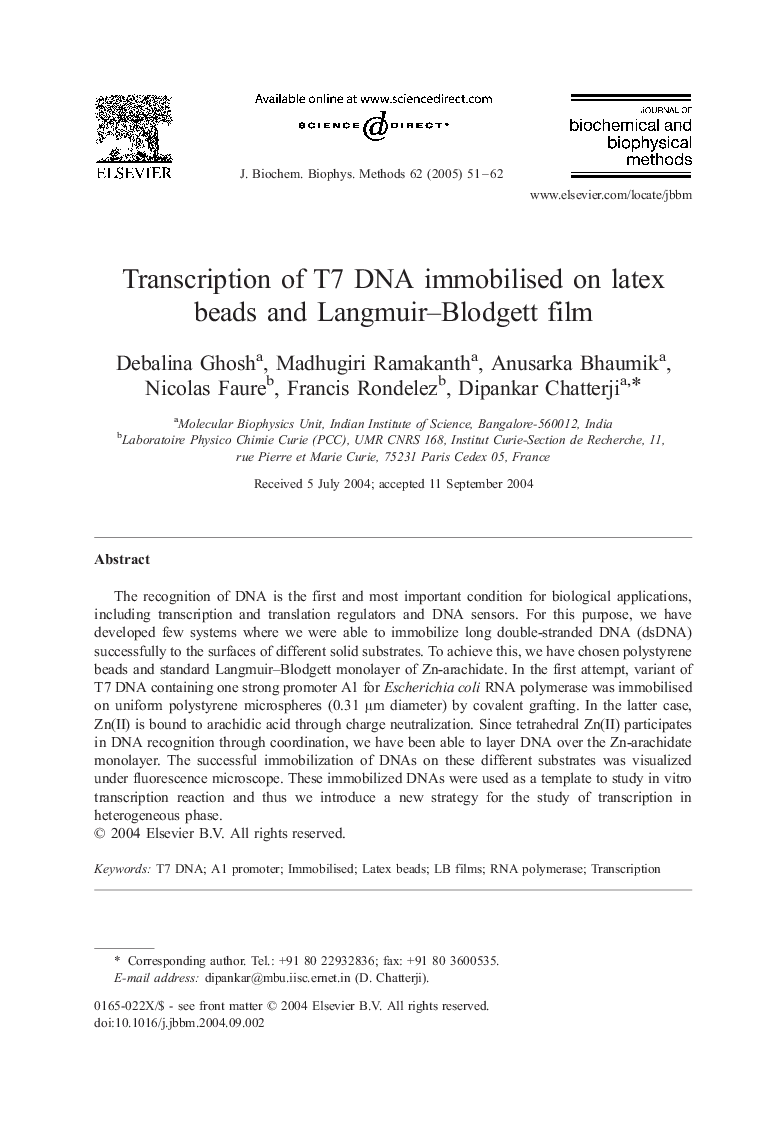 Transcription of T7 DNA immobilised on latex beads and Langmuir-Blodgett film