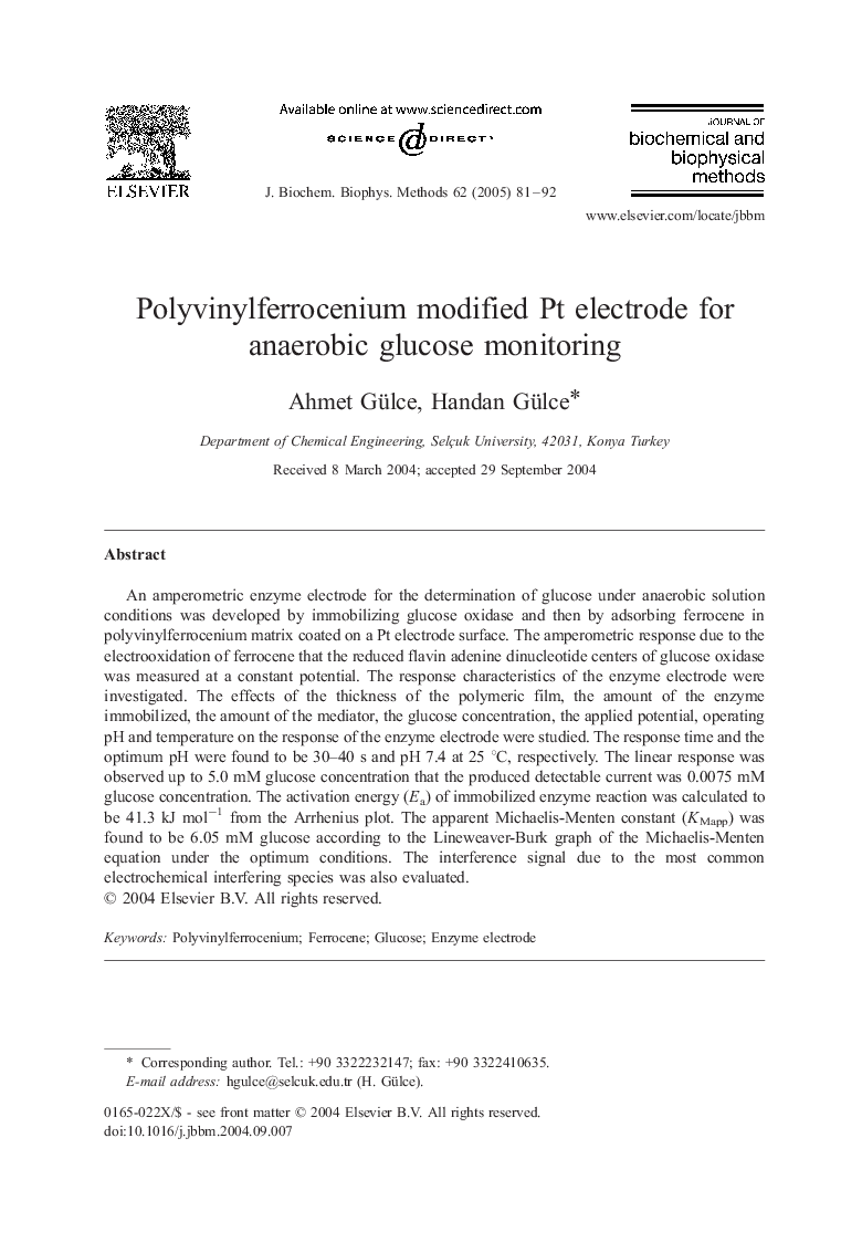 Polyvinylferrocenium modified Pt electrode for anaerobic glucose monitoring