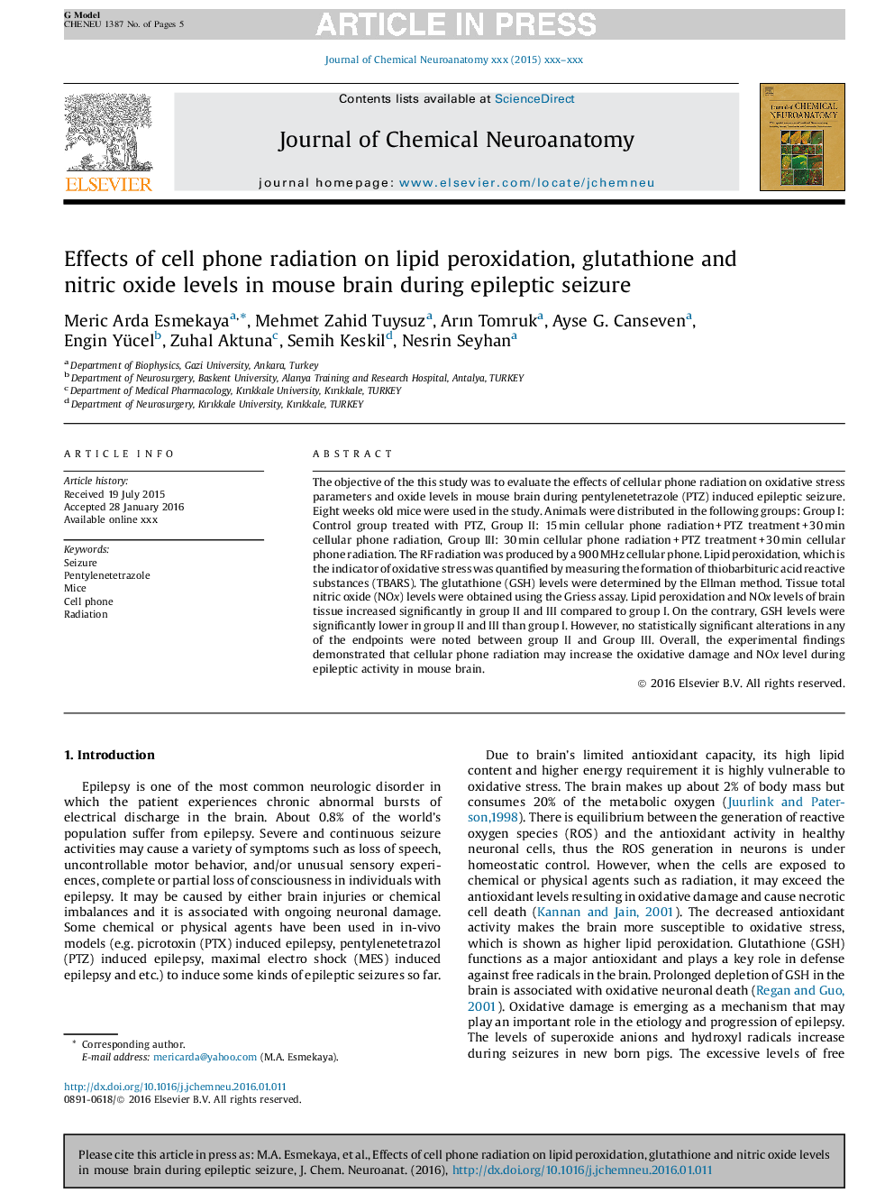 Effects of cell phone radiation on lipid peroxidation, glutathione and nitric oxide levels in mouse brain during epileptic seizure