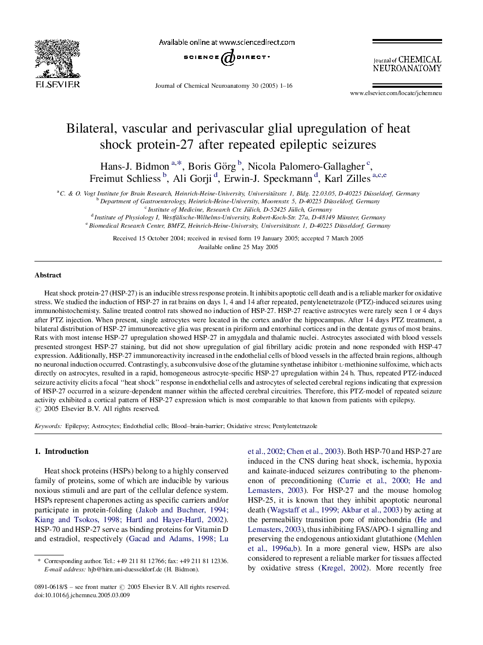 Bilateral, vascular and perivascular glial upregulation of heat shock protein-27 after repeated epileptic seizures