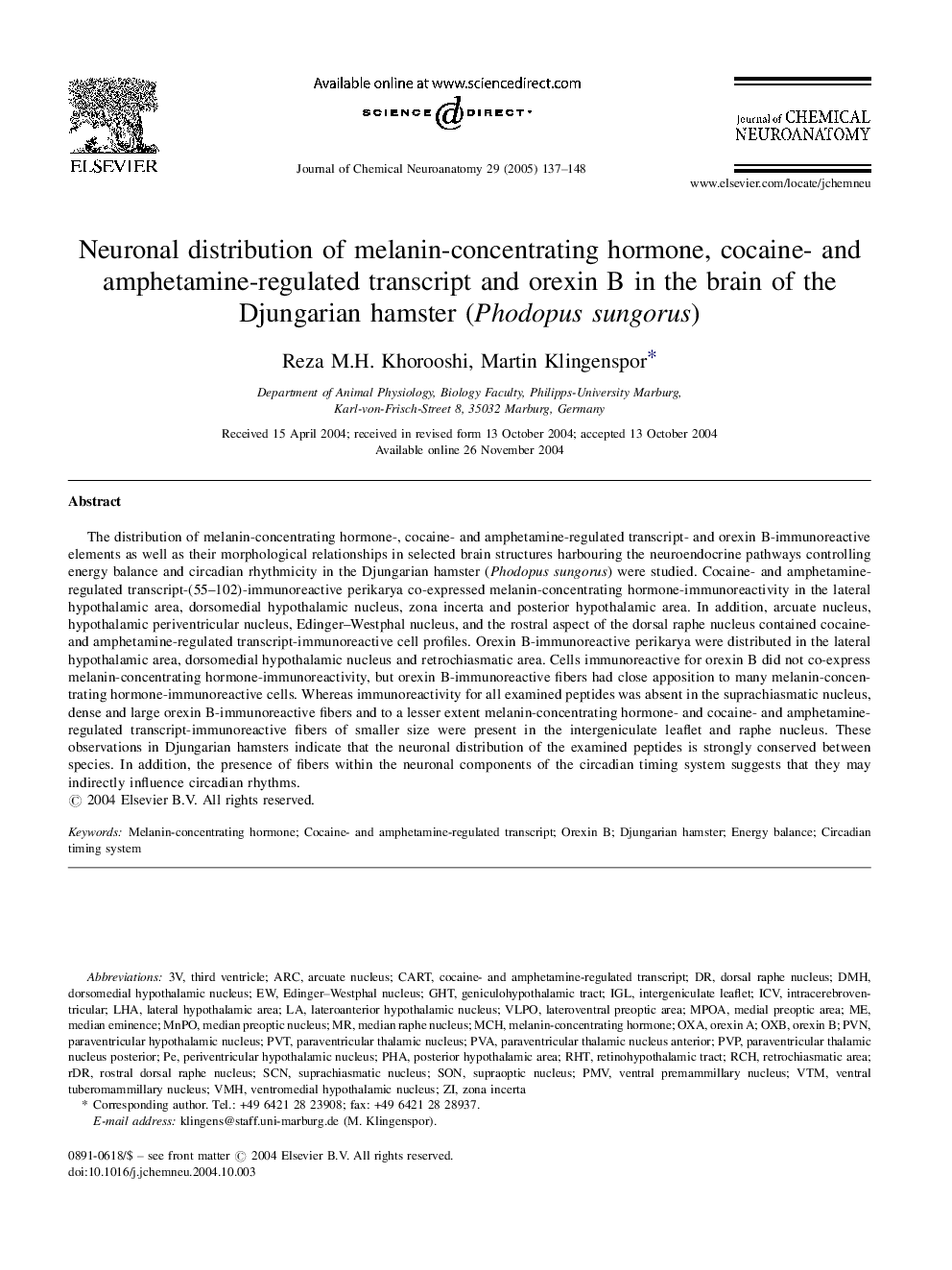 Neuronal distribution of melanin-concentrating hormone, cocaine- and amphetamine-regulated transcript and orexin B in the brain of the Djungarian hamster (Phodopus sungorus)