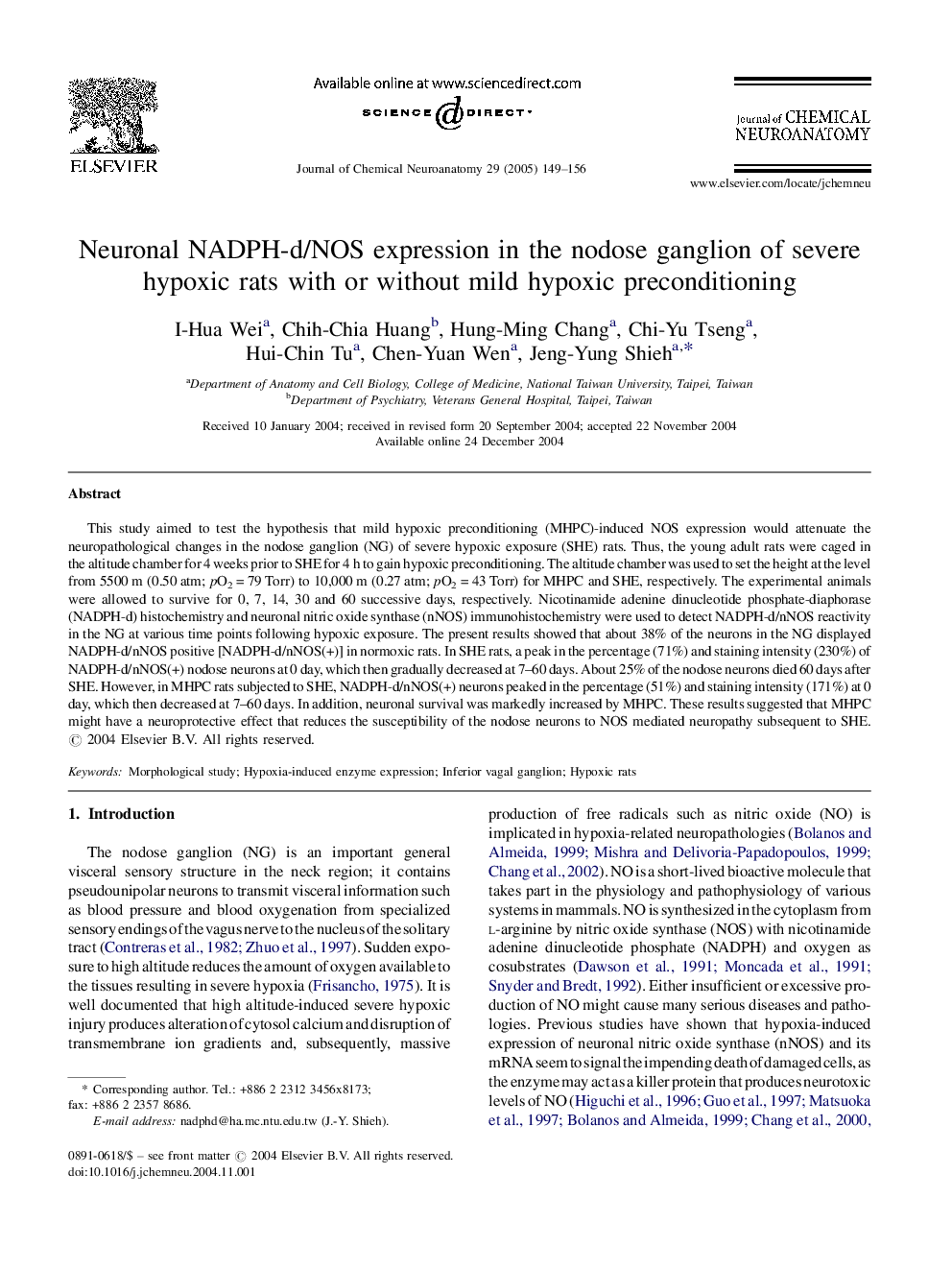 Neuronal NADPH-d/NOS expression in the nodose ganglion of severe hypoxic rats with or without mild hypoxic preconditioning