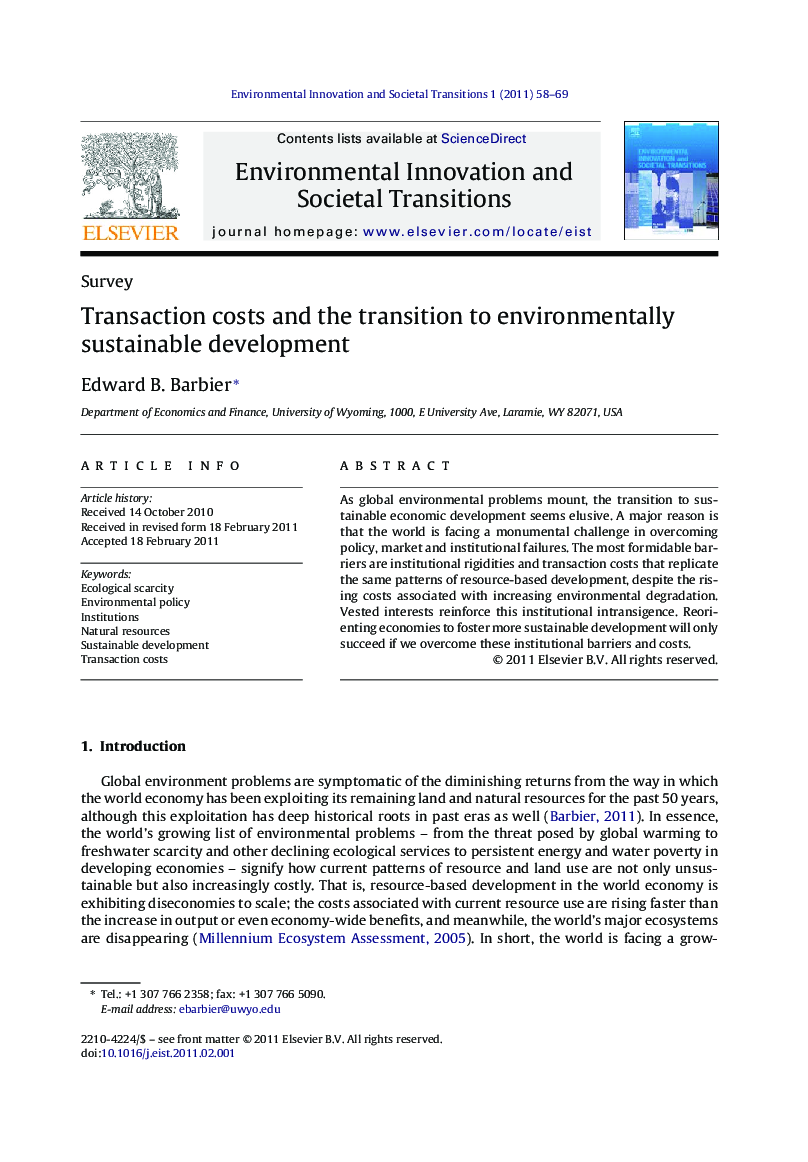 Transaction costs and the transition to environmentally sustainable development