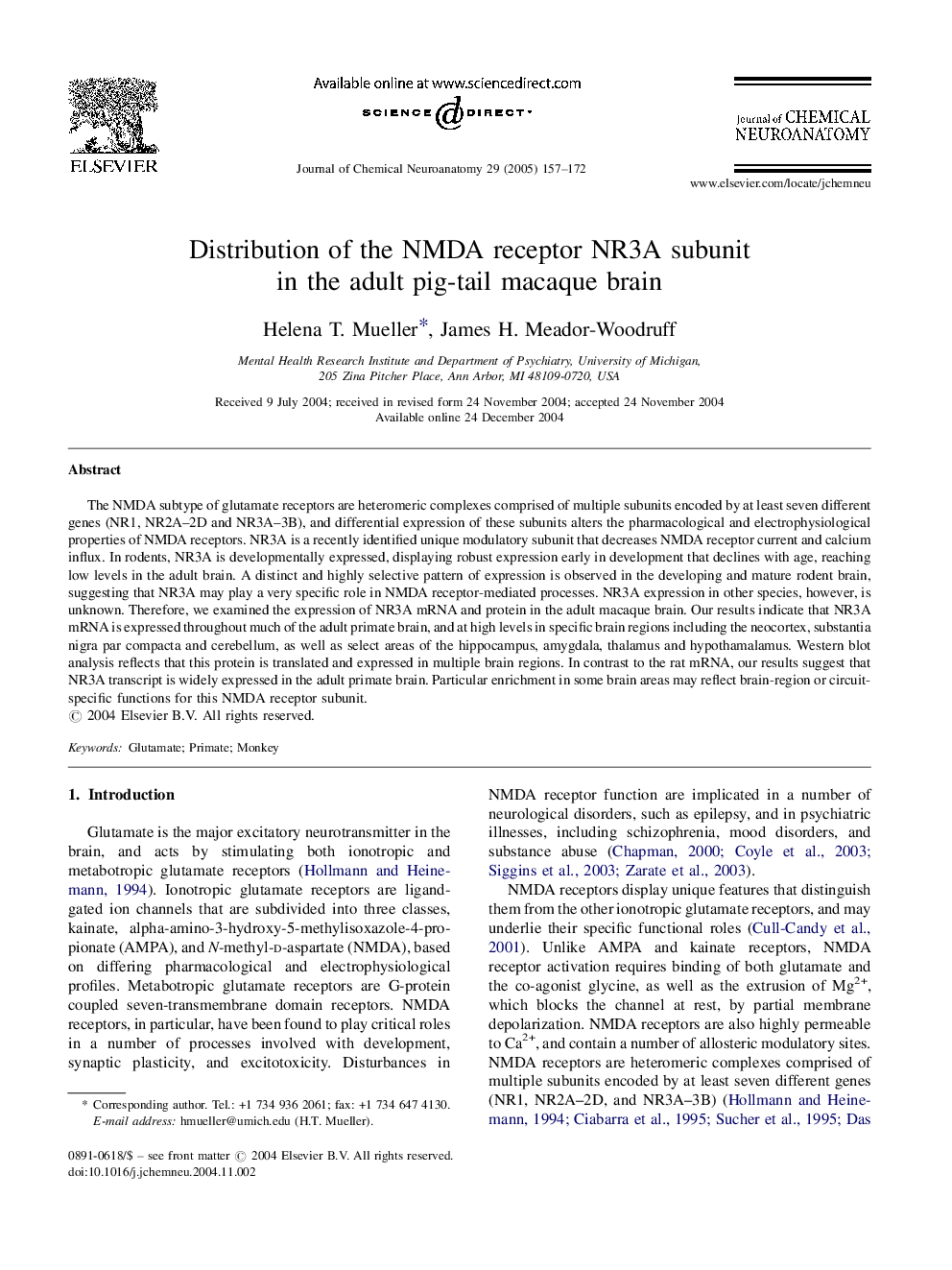 Distribution of the NMDA receptor NR3A subunit in the adult pig-tail macaque brain