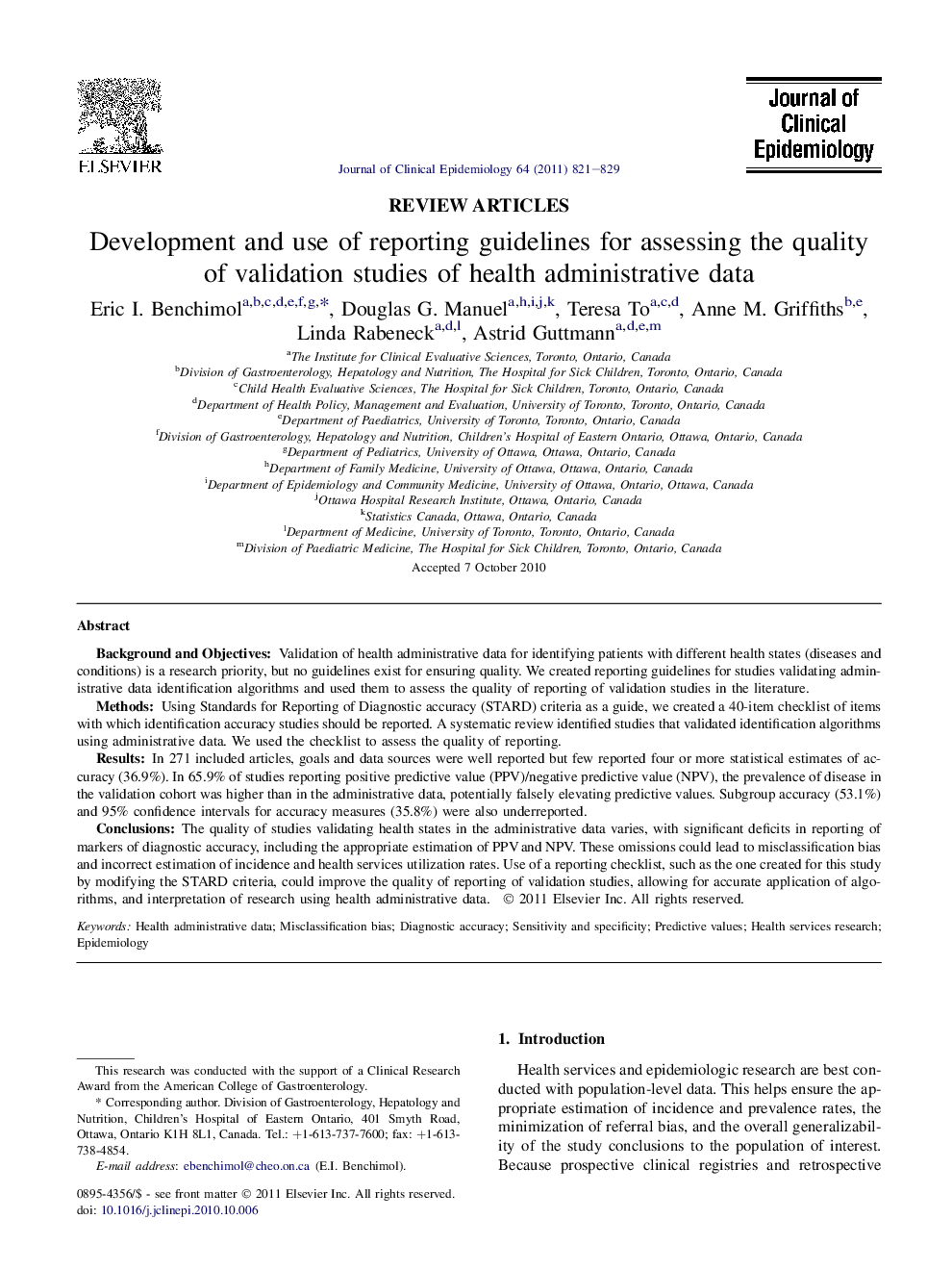 Development and use of reporting guidelines for assessing the quality of validation studies of health administrative data 