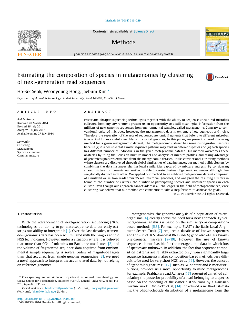 عکس صفحه اول مقاله: Estimating the composition of species in metagenomes by clustering of next-generation read sequences Estimating the composition of species in metagenomes by clustering of next-generation read sequences