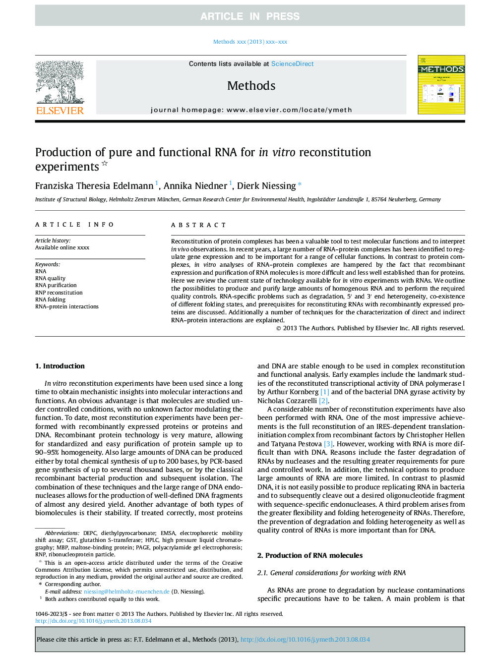 Production of pure and functional RNA for in vitro reconstitution experiments