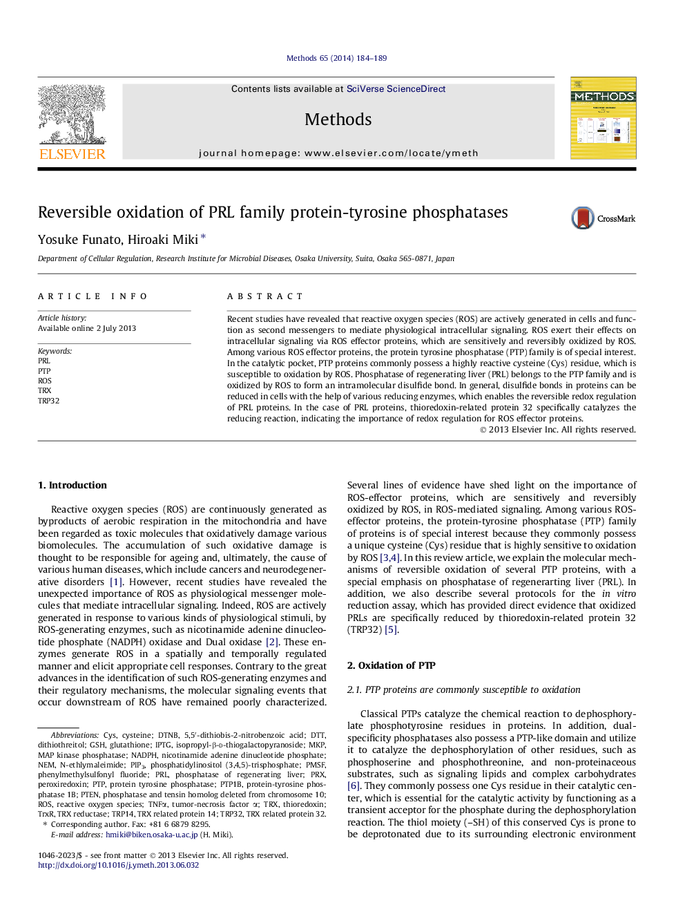 Reversible oxidation of PRL family protein-tyrosine phosphatases