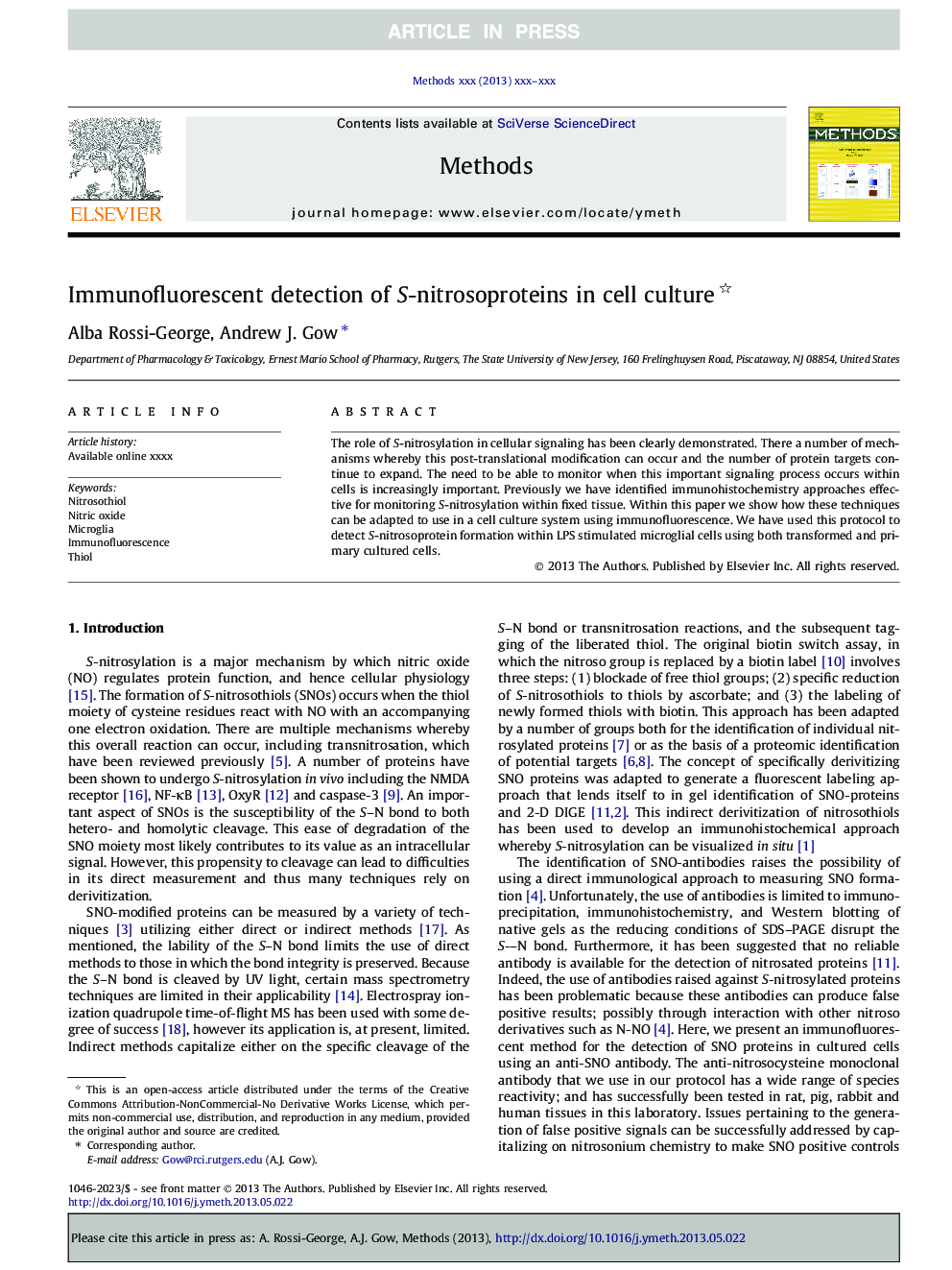 Immunofluorescent detection of S-nitrosoproteins in cell culture