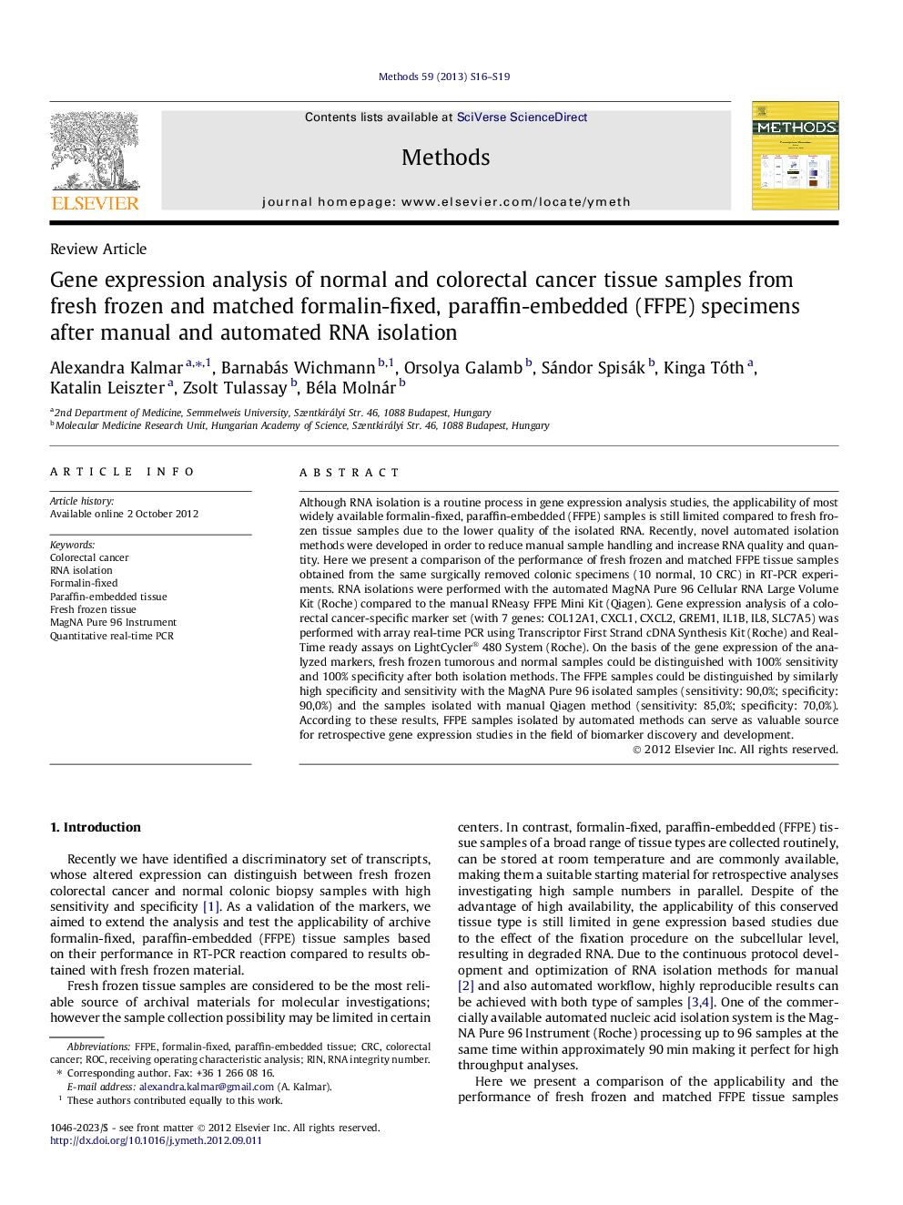 Gene expression analysis of normal and colorectal cancer tissue samples from fresh frozen and matched formalin-fixed, paraffin-embedded (FFPE) specimens after manual and automated RNA isolation