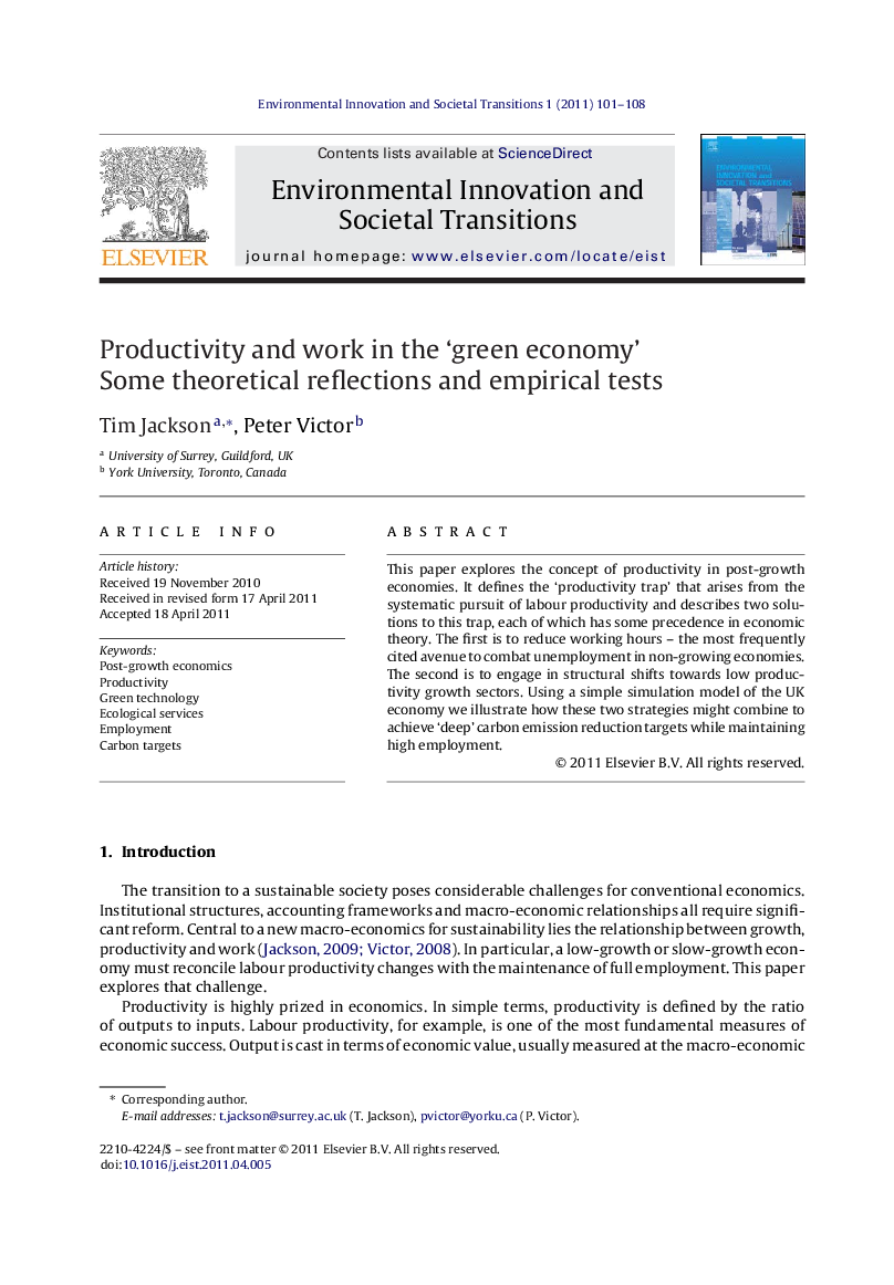 Productivity and work in the ‘green economy’: Some theoretical reflections and empirical tests