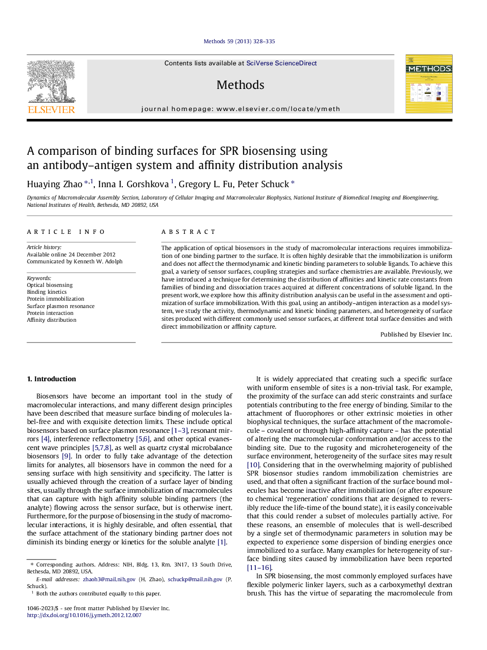 A comparison of binding surfaces for SPR biosensing using an antibody-antigen system and affinity distribution analysis