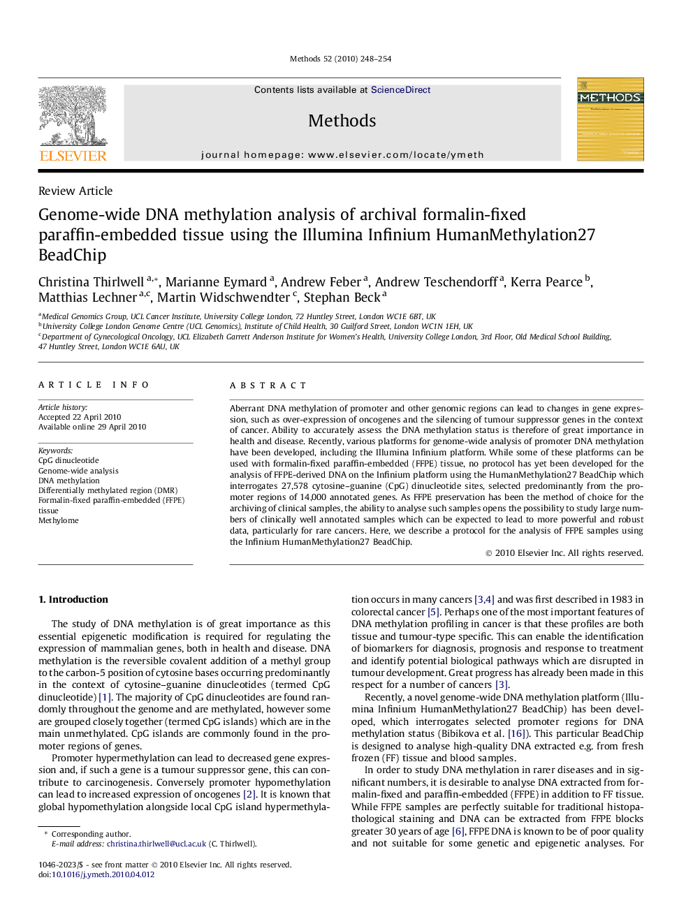 Genome-wide DNA methylation analysis of archival formalin-fixed paraffin-embedded tissue using the Illumina Infinium HumanMethylation27 BeadChip