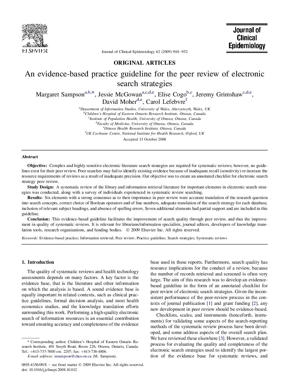 An evidence-based practice guideline for the peer review of electronic search strategies