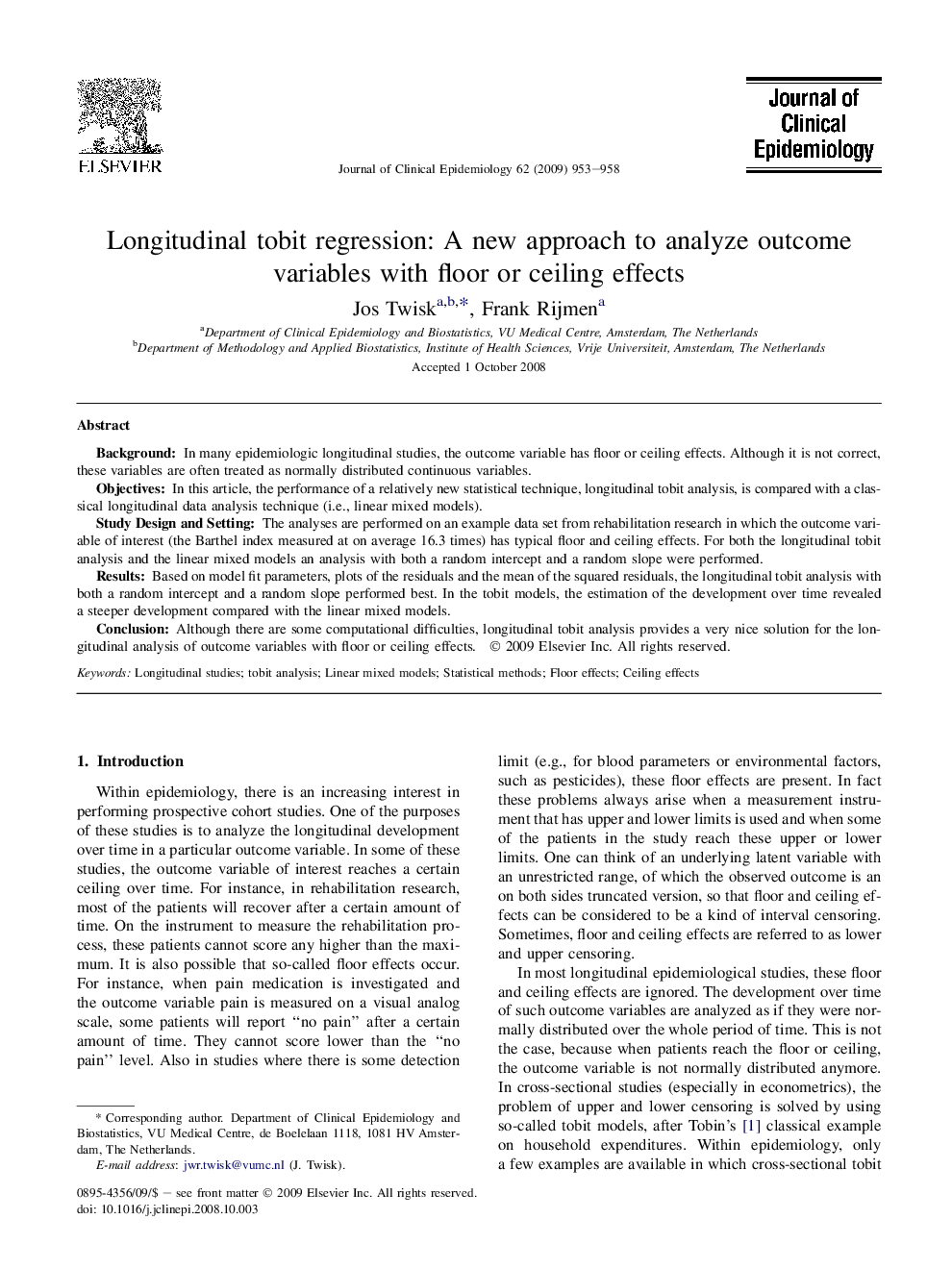 Longitudinal tobit regression: A new approach to analyze outcome variables with floor or ceiling effects