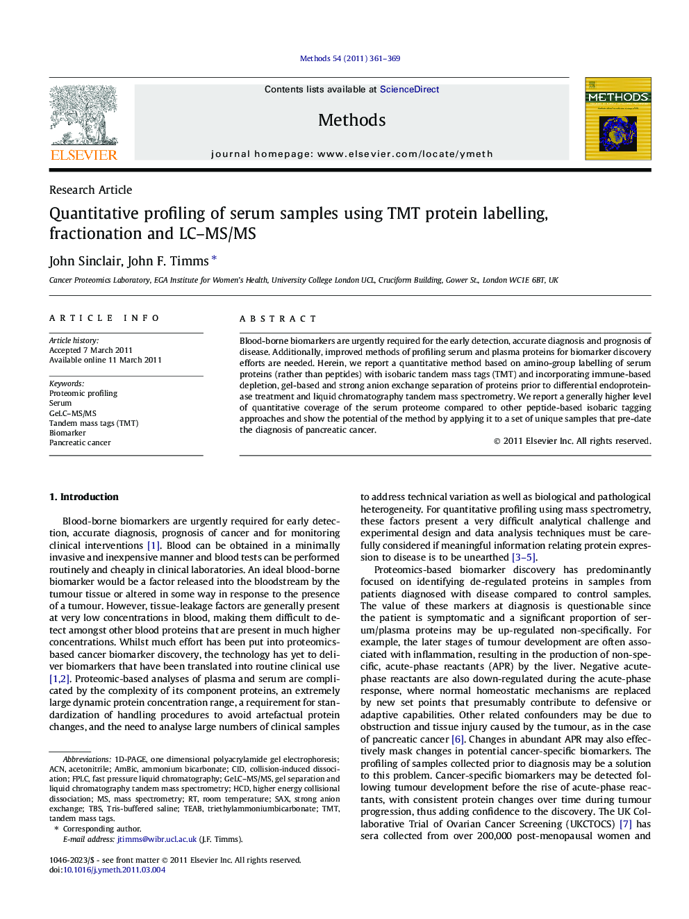 Quantitative profiling of serum samples using TMT protein labelling, fractionation and LC-MS/MS