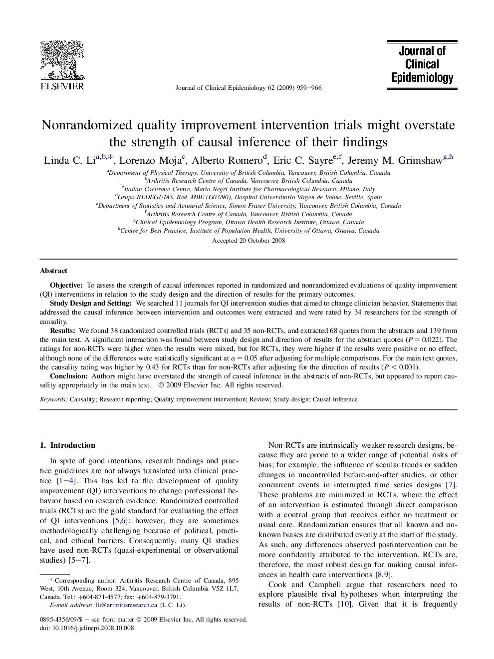 Nonrandomized quality improvement intervention trials might overstate the strength of causal inference of their findings