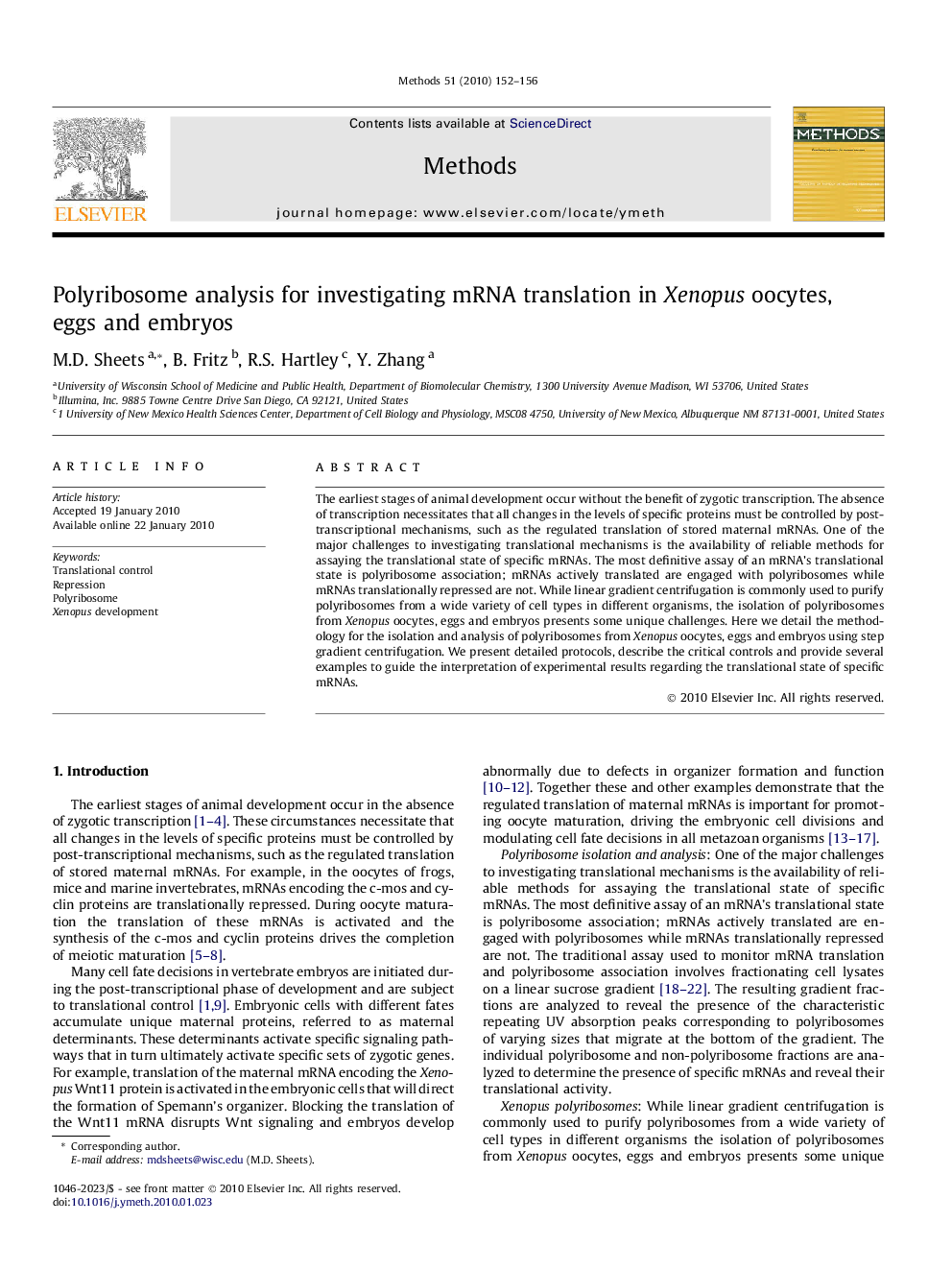 Polyribosome analysis for investigating mRNA translation in Xenopus oocytes, eggs and embryos