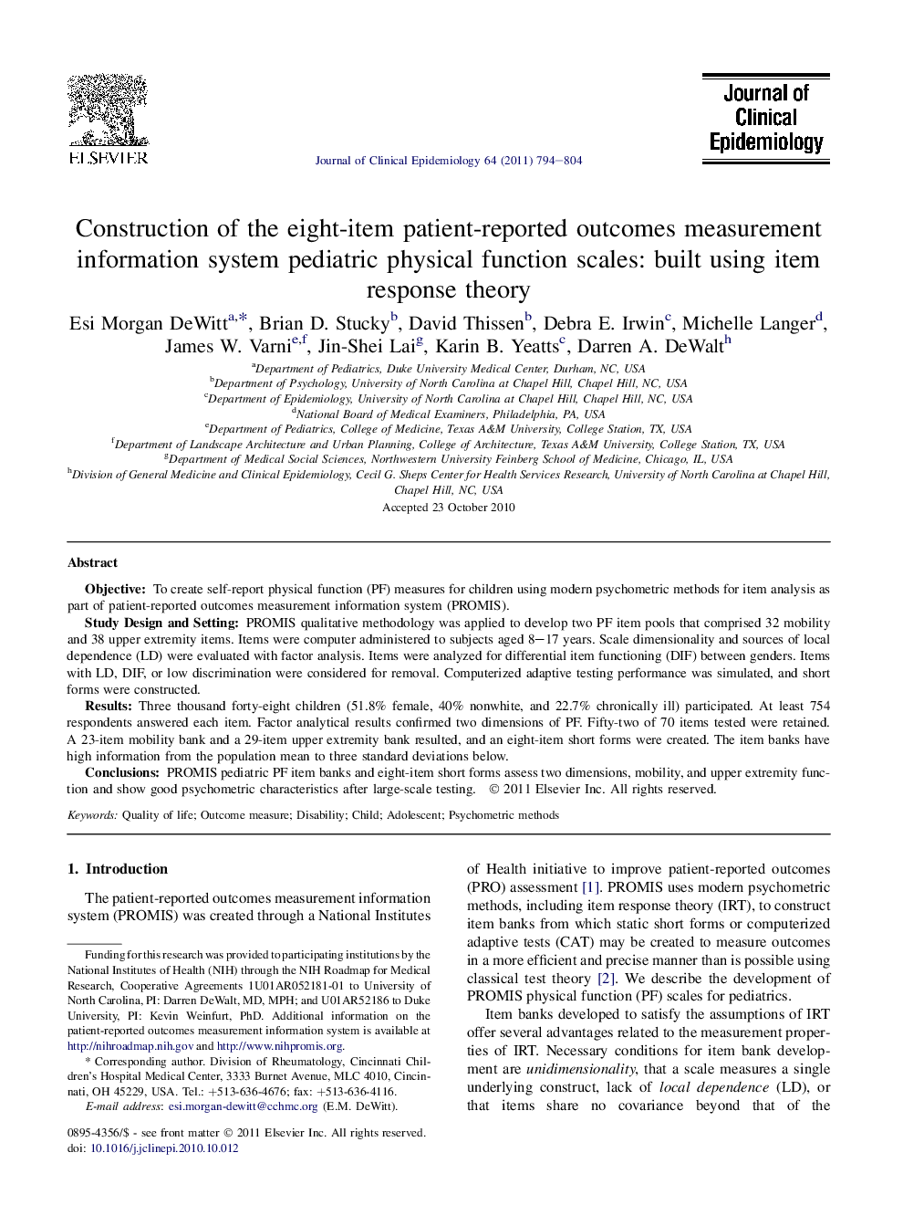 Construction of the eight-item patient-reported outcomes measurement information system pediatric physical function scales: built using item response theory 