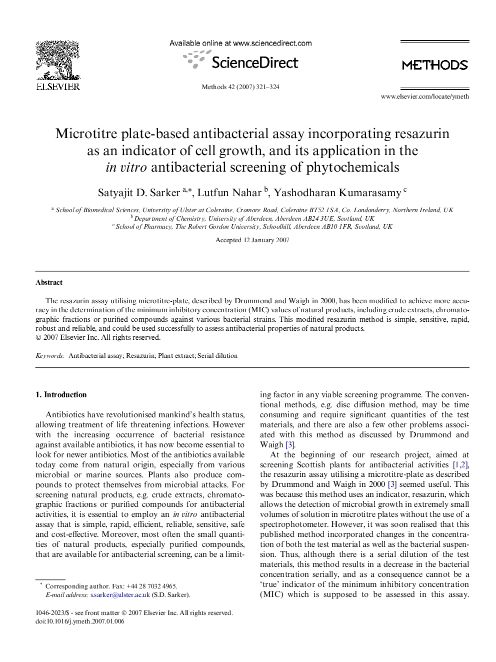 Microtitre plate-based antibacterial assay incorporating resazurin as an indicator of cell growth, and its application in the in vitro antibacterial screening of phytochemicals