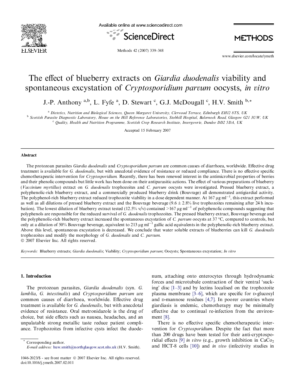 The effect of blueberry extracts on Giardia duodenalis viability and spontaneous excystation of Cryptosporidium parvum oocysts, in vitro