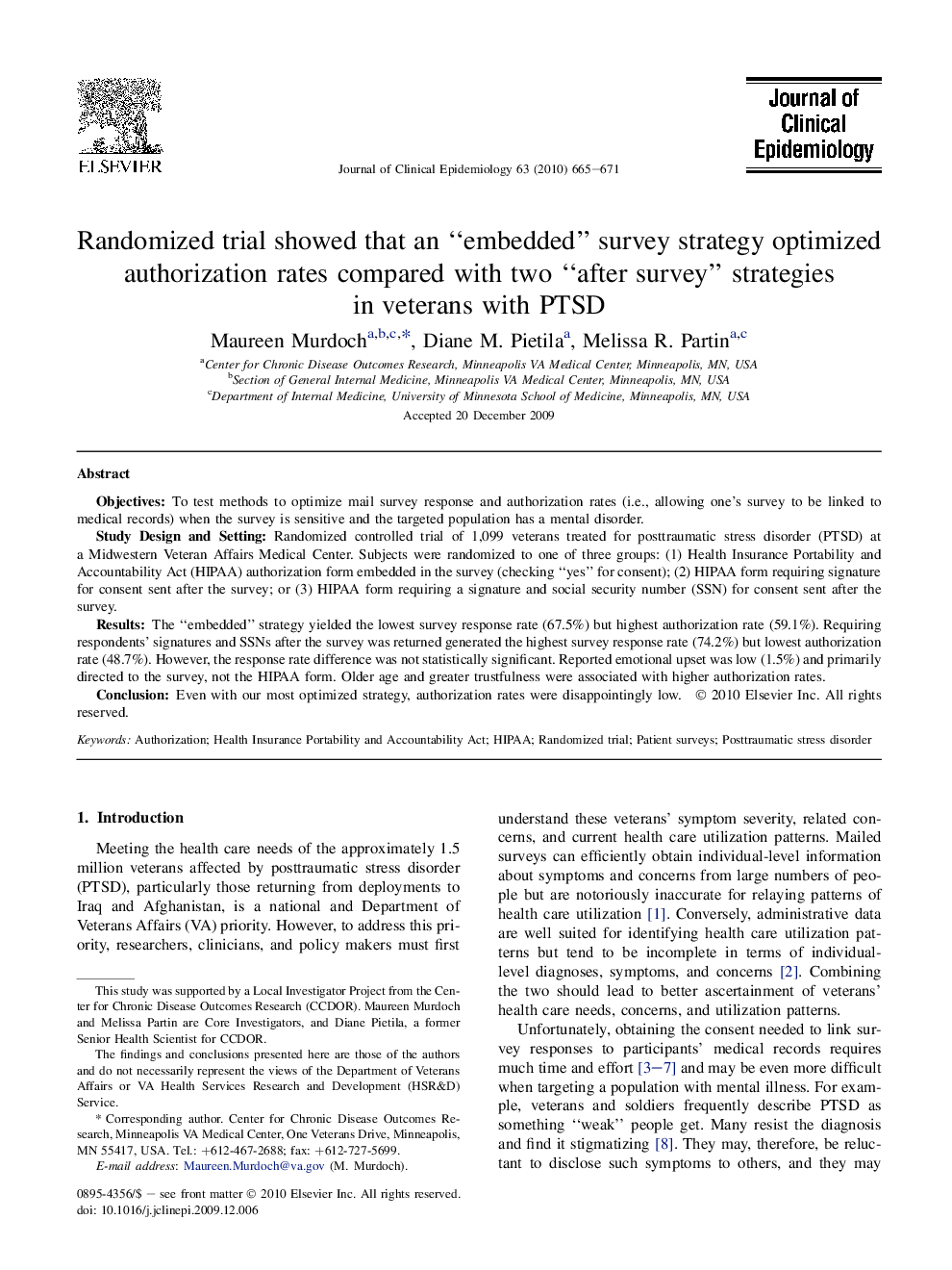 Randomized trial showed that an “embedded” survey strategy optimized authorization rates compared with two “after survey” strategies in veterans with PTSD 