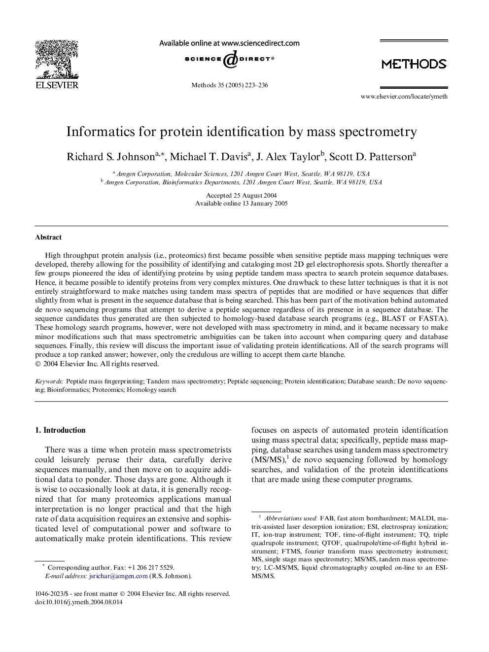 Informatics for protein identification by mass spectrometry