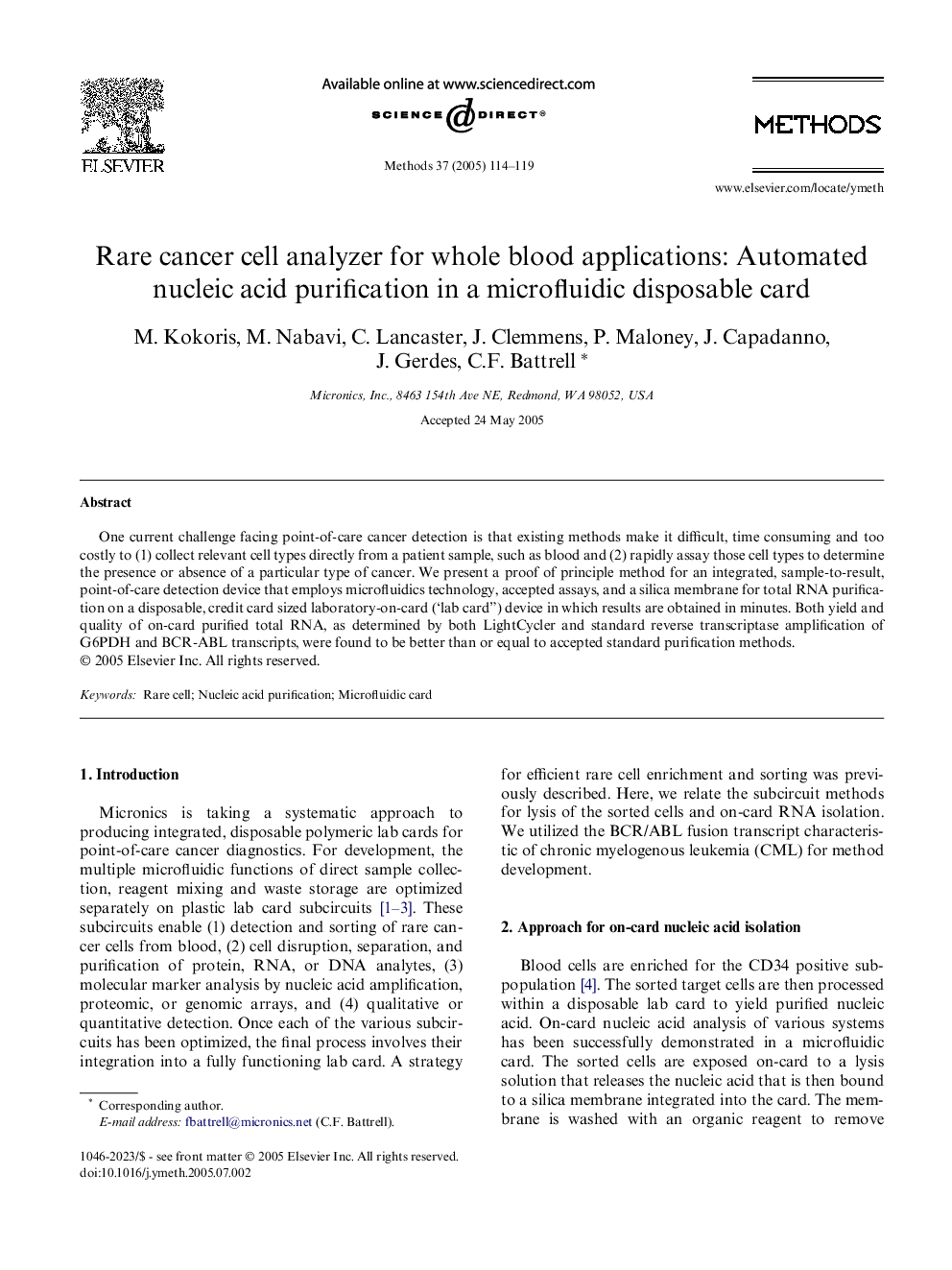 Rare cancer cell analyzer for whole blood applications: Automated nucleic acid purification in a microfluidic disposable card