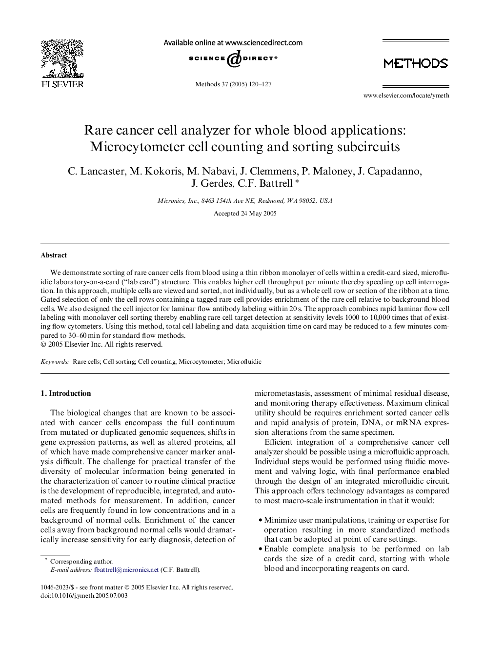 Rare cancer cell analyzer for whole blood applications: Microcytometer cell counting and sorting subcircuits