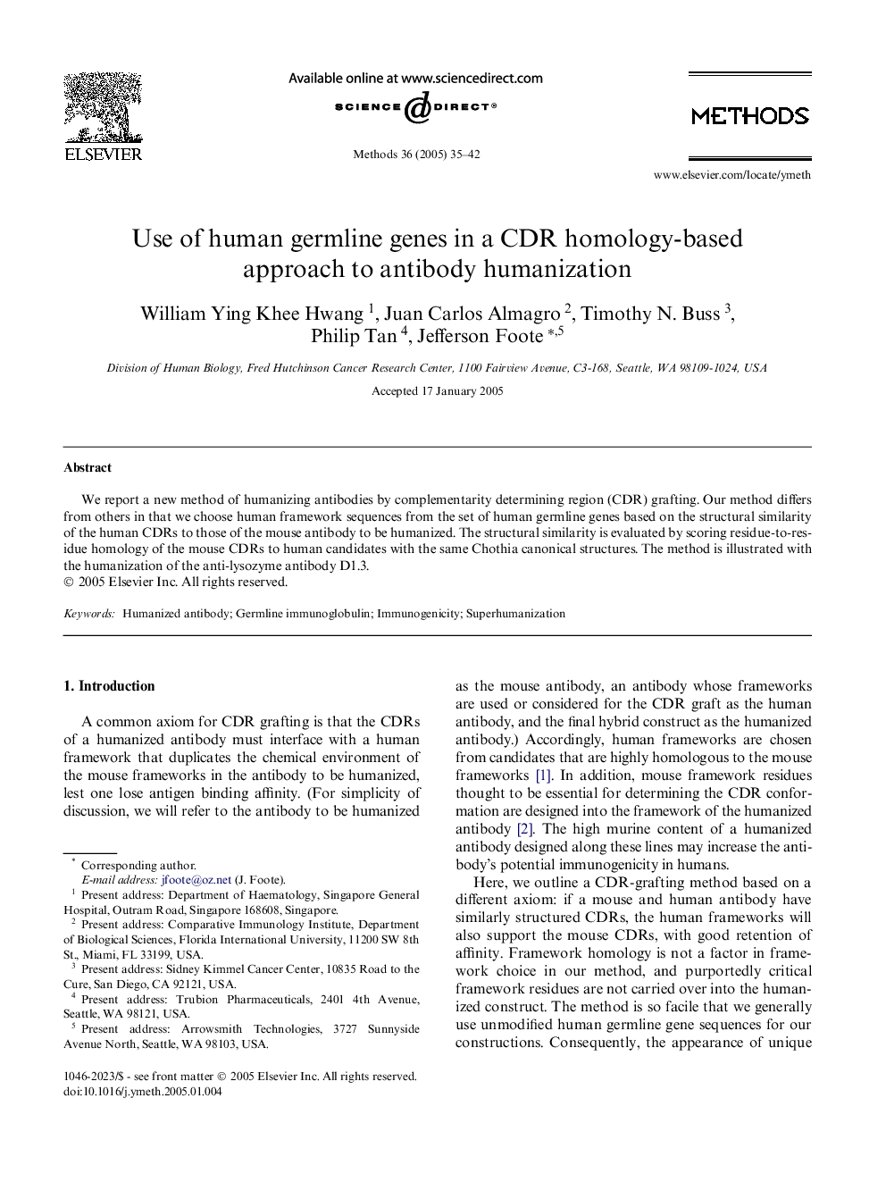 Use of human germline genes in a CDR homology-based approach to antibody humanization