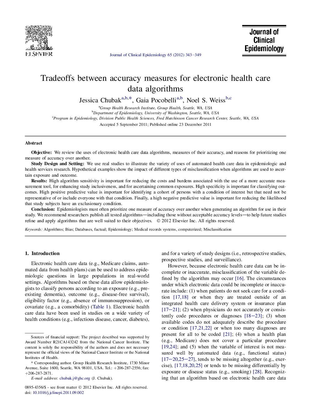 Tradeoffs between accuracy measures for electronic health care data algorithms