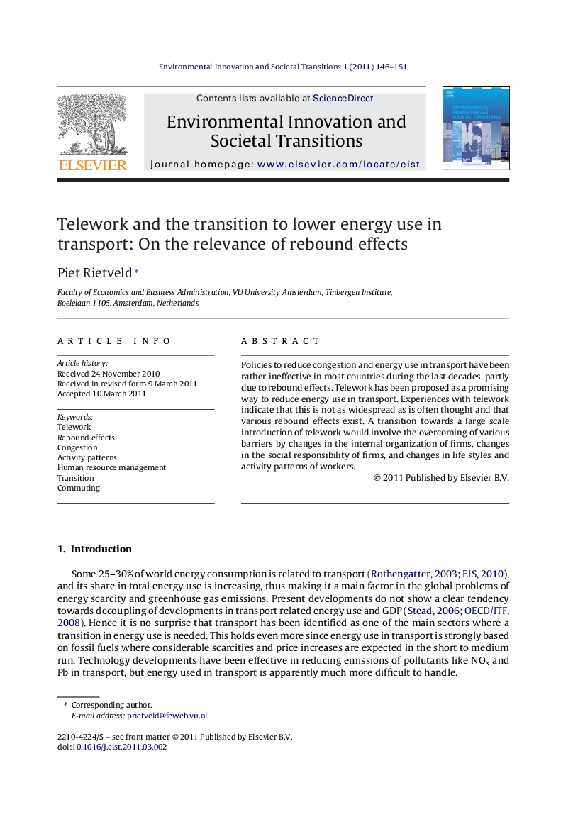 Telework and the transition to lower energy use in transport: On the relevance of rebound effects