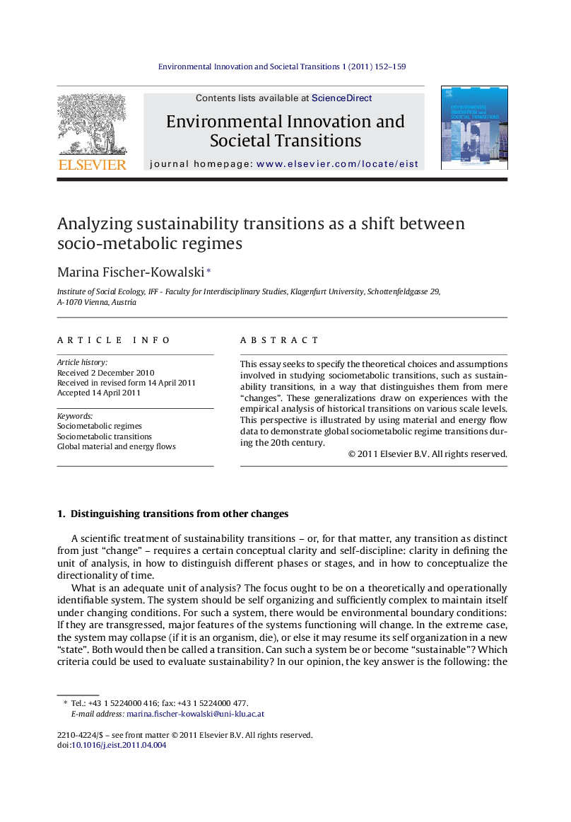 عکس صفحه اول مقاله: Analyzing sustainability transitions as a shift between socio-metabolic regimes Analyzing sustainability transitions as a shift between socio-metabolic regimes