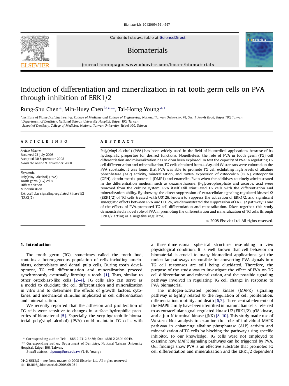 Induction of differentiation and mineralization in rat tooth germ cells on PVA through inhibition of ERK1/2