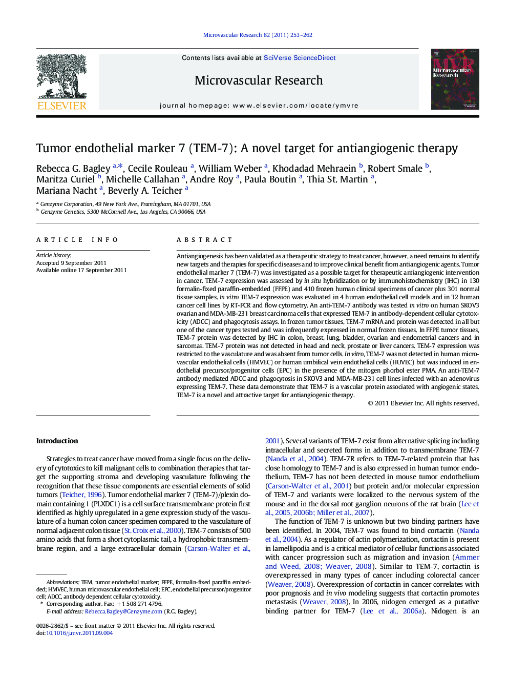 Tumor endothelial marker 7 (TEM-7): A novel target for antiangiogenic therapy