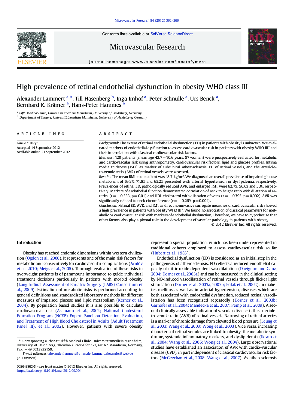 High prevalence of retinal endothelial dysfunction in obesity WHO class III