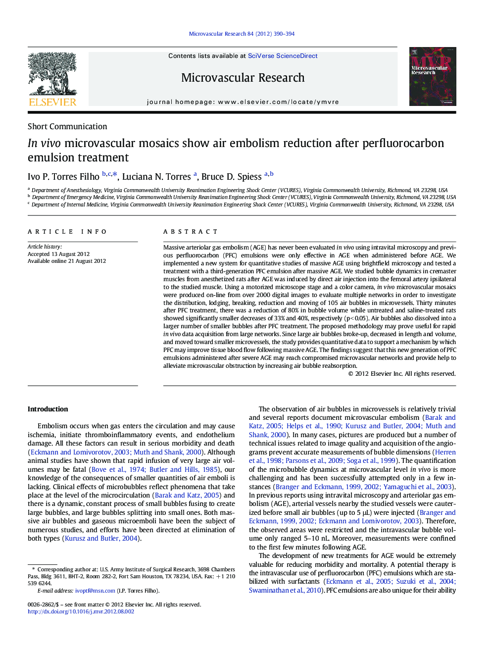 In vivo microvascular mosaics show air embolism reduction after perfluorocarbon emulsion treatment