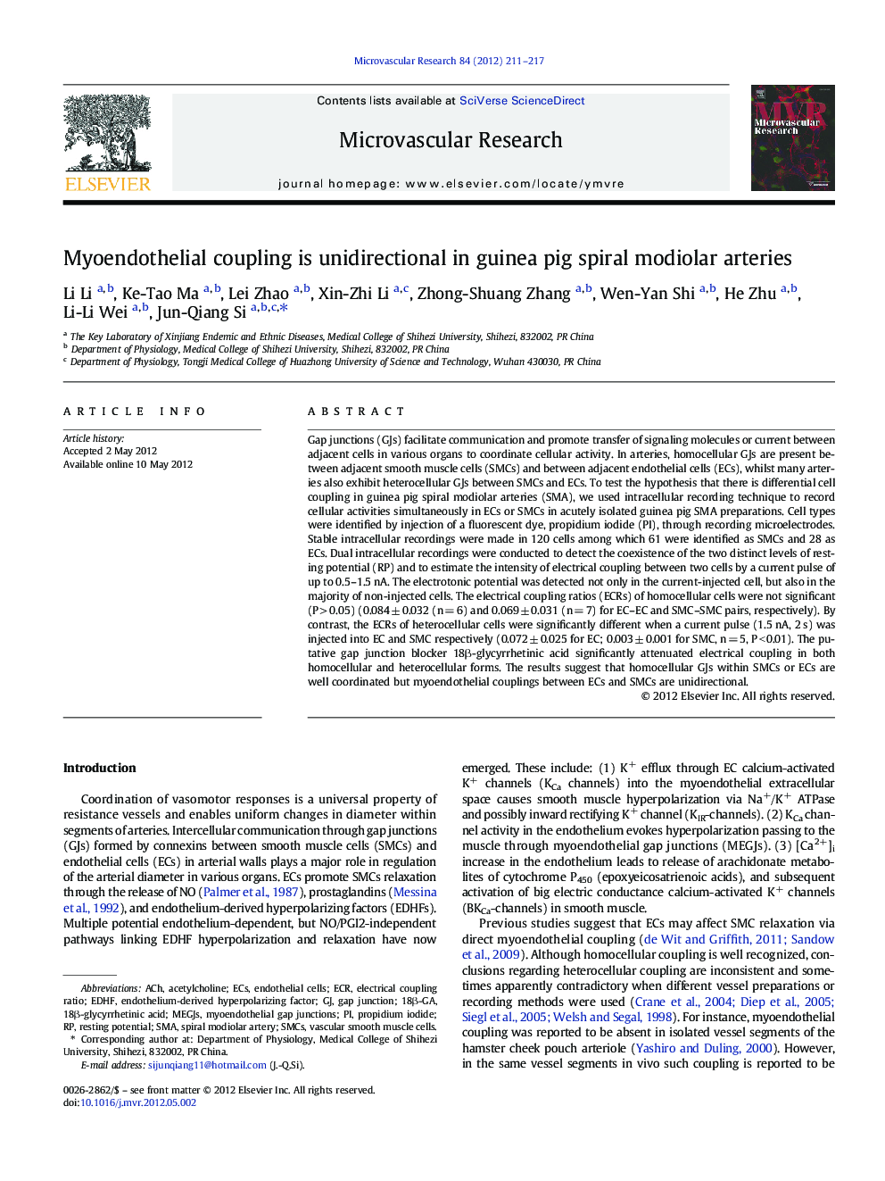 Myoendothelial coupling is unidirectional in guinea pig spiral modiolar arteries