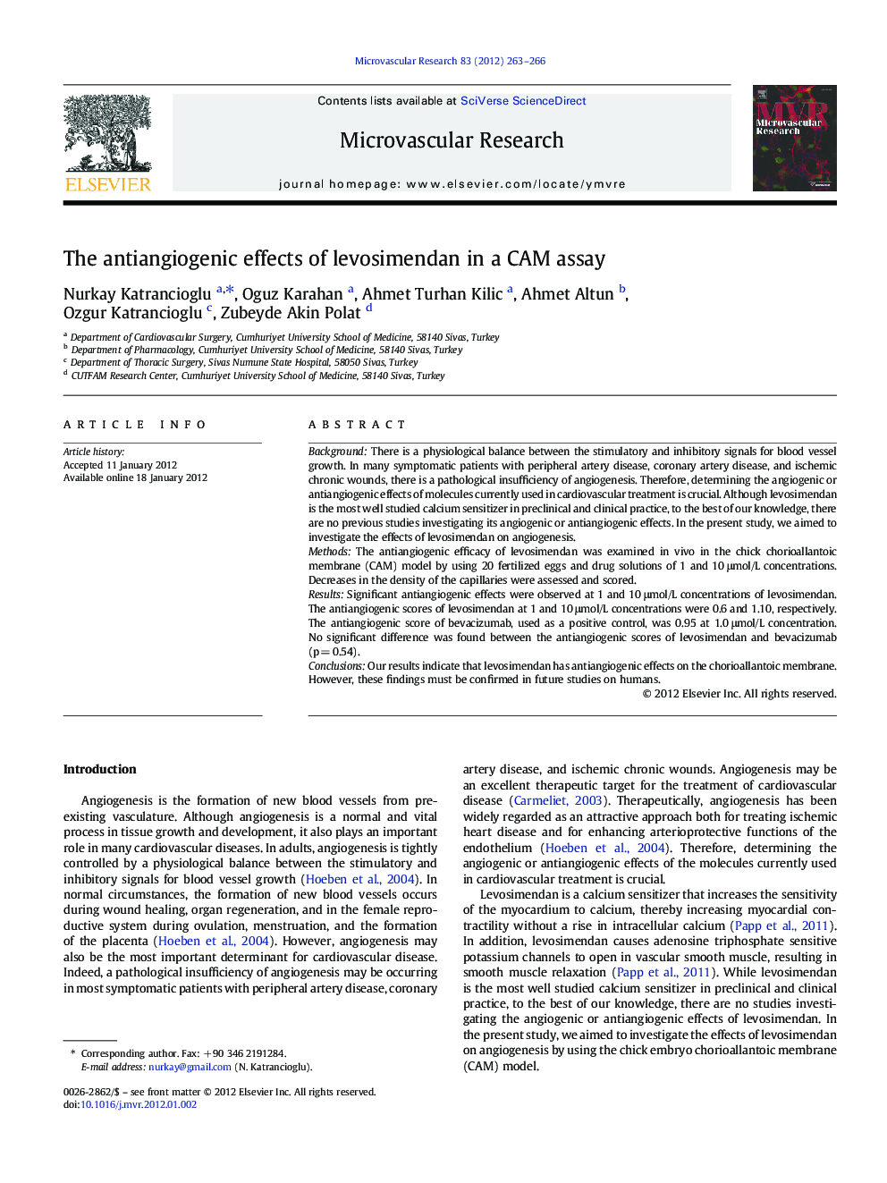 The antiangiogenic effects of levosimendan in a CAM assay