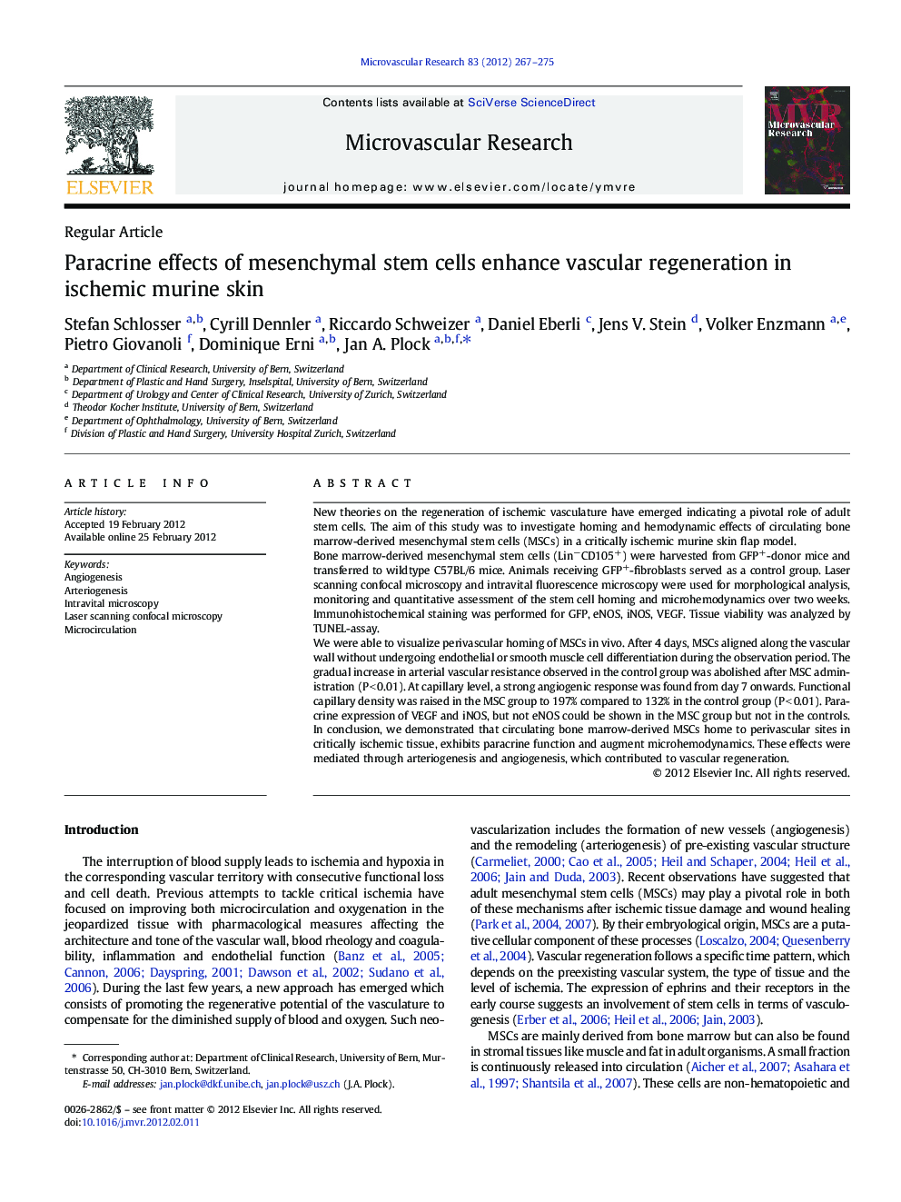 Paracrine effects of mesenchymal stem cells enhance vascular regeneration in ischemic murine skin