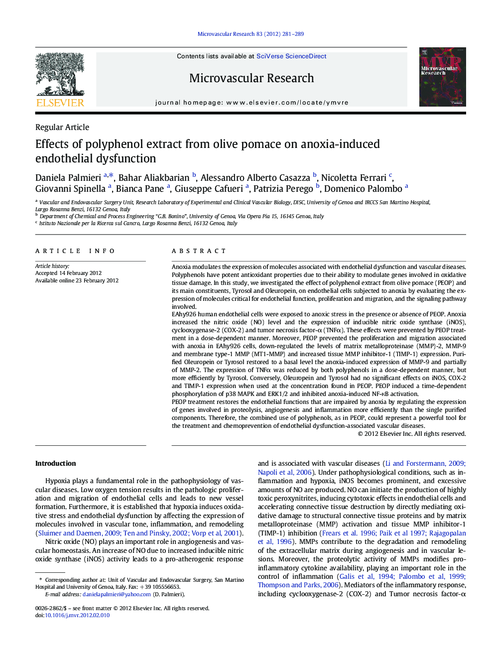 Effects of polyphenol extract from olive pomace on anoxia-induced endothelial dysfunction