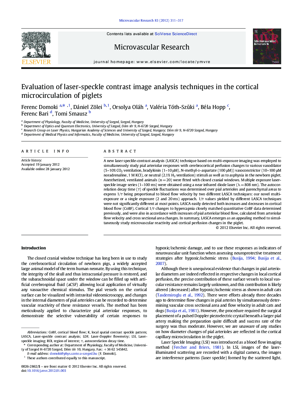 Evaluation of laser-speckle contrast image analysis techniques in the cortical microcirculation of piglets