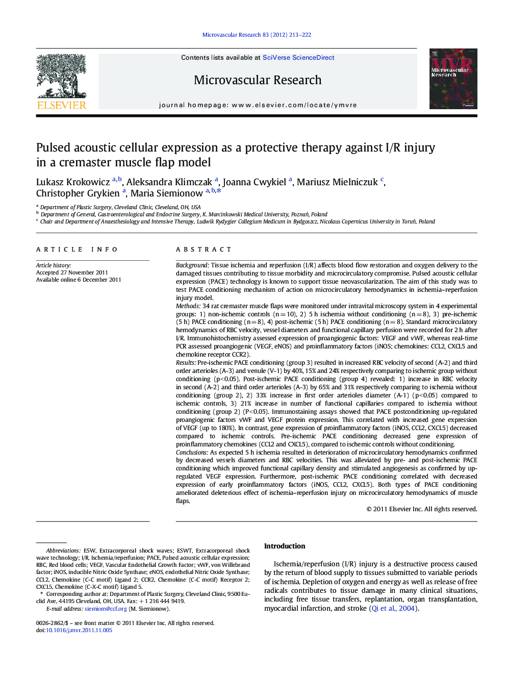 Pulsed acoustic cellular expression as a protective therapy against I/R injury in a cremaster muscle flap model